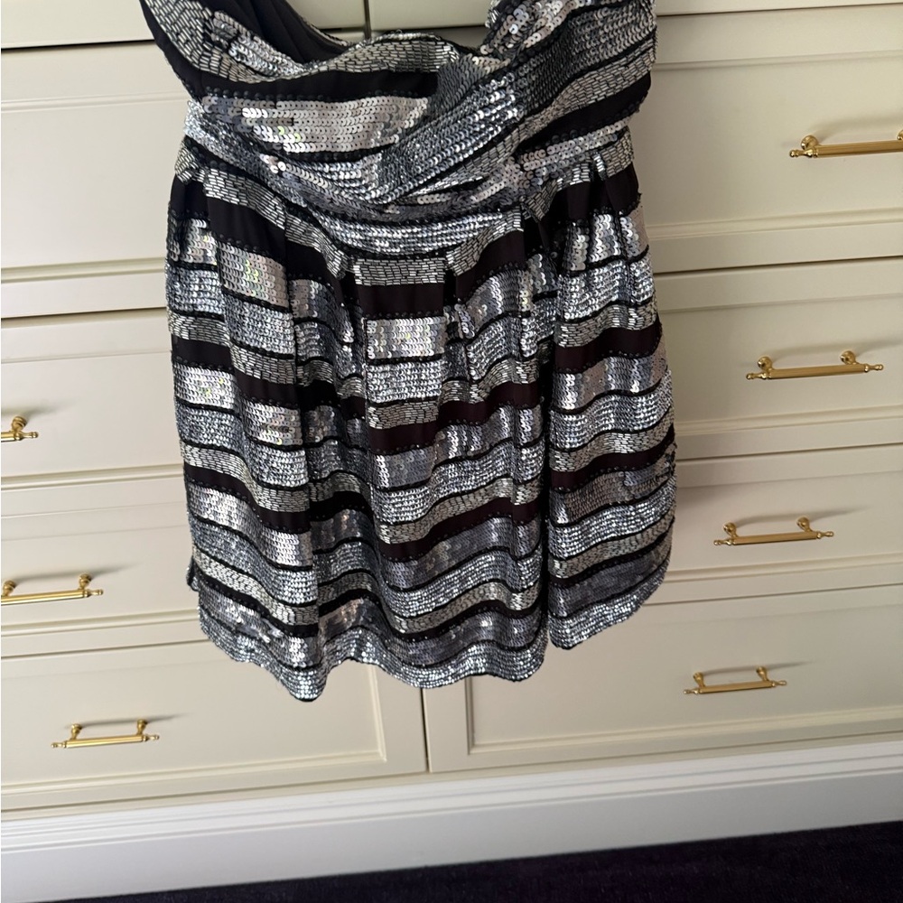 NBD Silver Sequin Strapless Party Dress with Black Stripes size medium